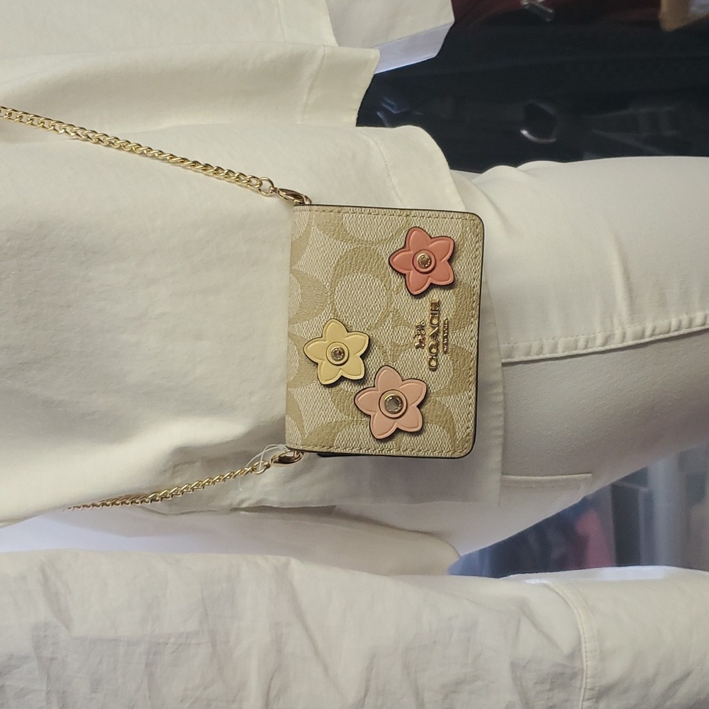 Coach Mini Wallet On A Chain In Signature Canvas With Floral Applique -Last One